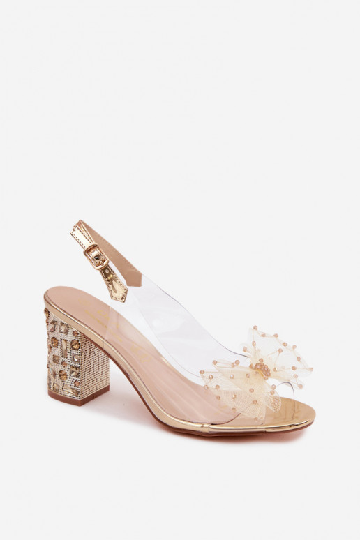 Sandalen mit Absatz und funkelnden Edelsteinen, Netz mit Schleifen D&A MR61-9010 gold