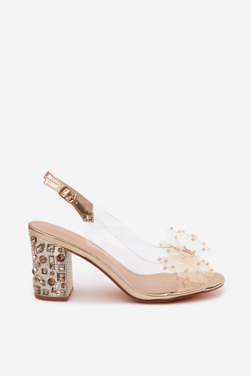 Sandalen met hak en fonkelende edelstenen, gaas met strikken D&A MR61-9010 goudkleurig