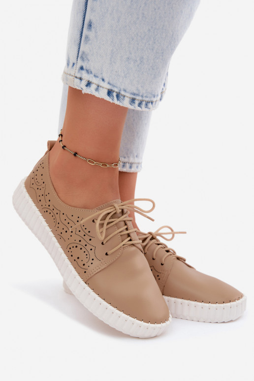 Zand geperforeerde schoenen met veters Pearla