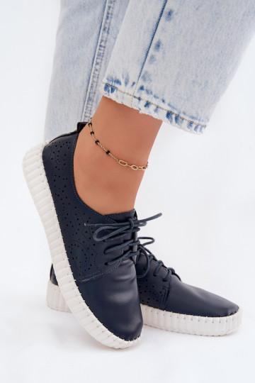 Donkerblauwe geperforeerde schoenen met veters Pearla