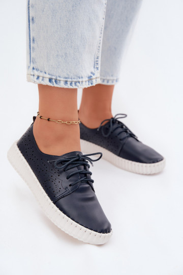 mit durchbrochenen Elementen Schuhe Feminin mit Schnürsenkeln Dunkelblau Pearla 2