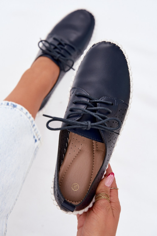 Donkerblauwe geperforeerde schoenen met veters Pearla