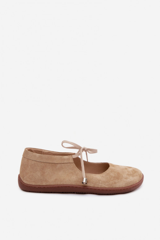 Sandfarbene Veloursleder-Ballerinas mit Riemchen Zazoo 021