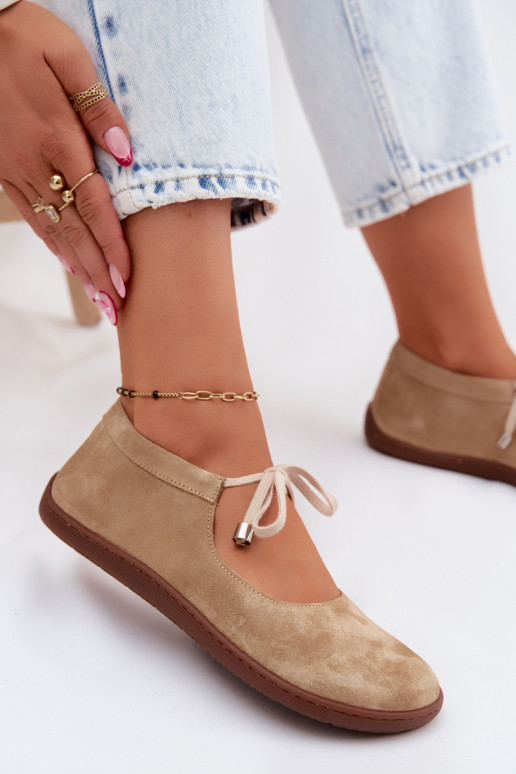 Leer Ballerinas van suède Barefoot met riemen Zazoo 021 beige