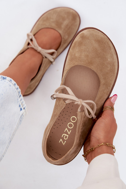 Sandfarbene Veloursleder-Ballerinas mit Riemchen Zazoo 021