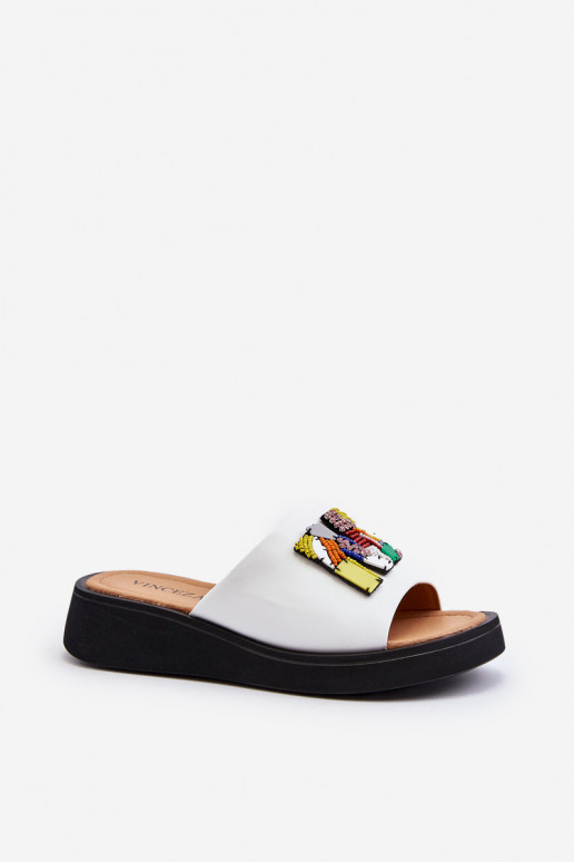 Damen Leder Hausschuhe mit Ornamenten weiß Asames