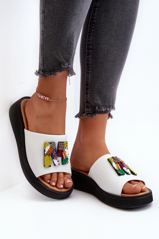 Dames leren slippers met ornamenten wit Asames