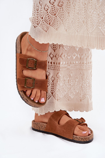 Braune Wildlederslipper auf Korksohle mit Schnallen Tavira