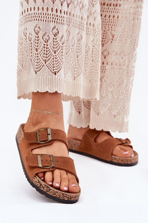 Pantoufles de Suèdes Sur une semelle en liège avec boucles marron Tavira