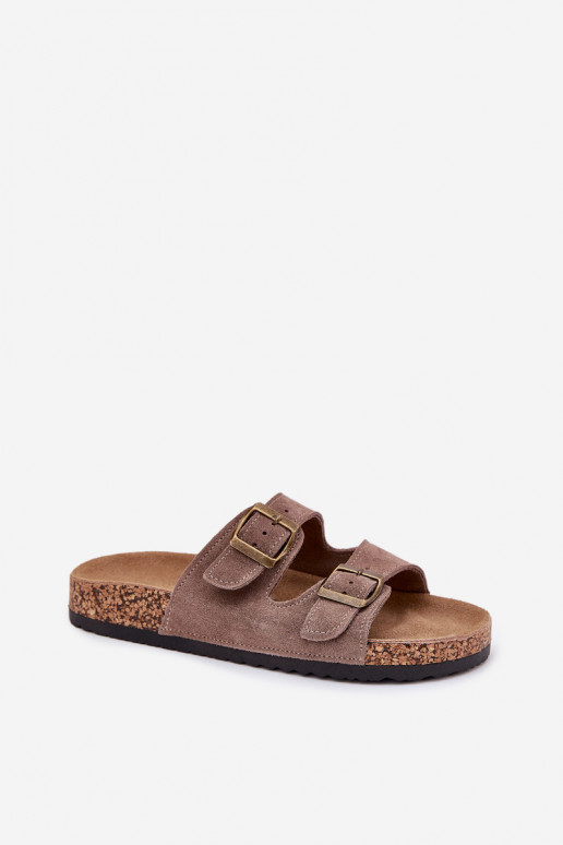 Zandkleurige suède slippers op kurken zool met gespen Tavira