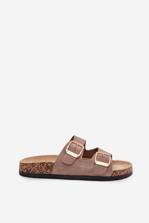 Damen sandfarbene Kunstveloursleder-Slipper mit goldenen Schnallen Vorella