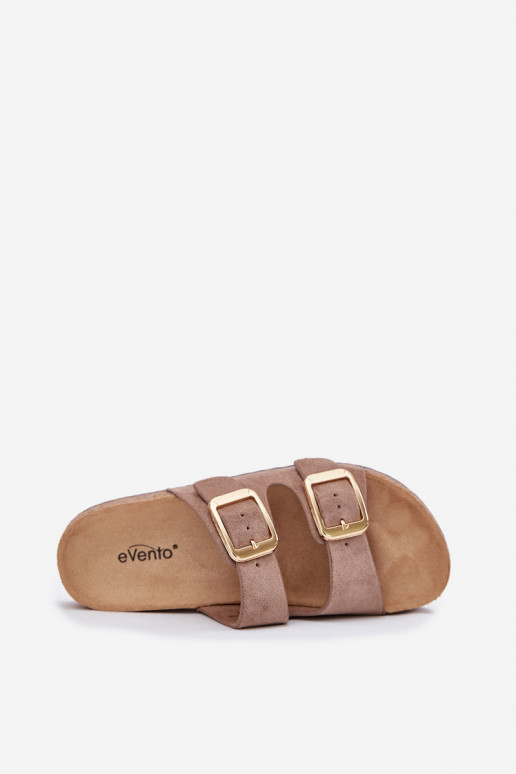 Damen sandfarbene Kunstveloursleder-Slipper mit goldenen Schnallen Vorella