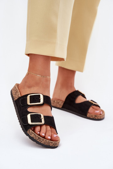 Pantoufles pour femmesen daim écologiqueu couleur dorée avec boucles couleur noire Vorella