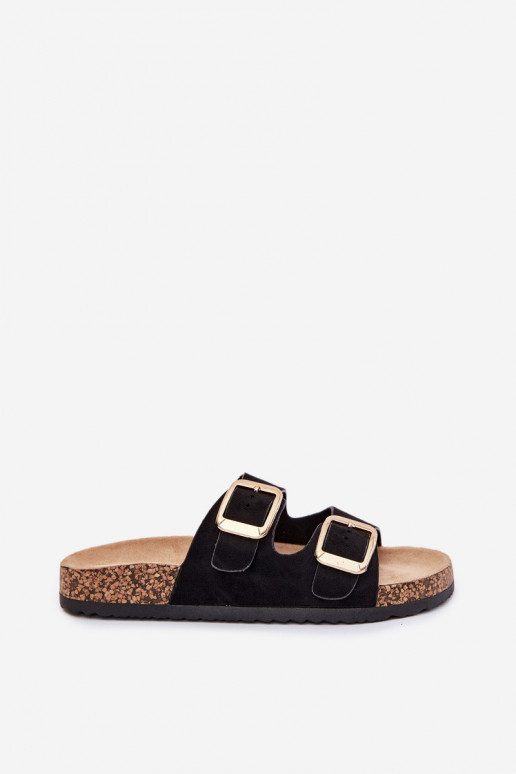 Chaussons en faux daim noirs avec boucles dorées Vorella
