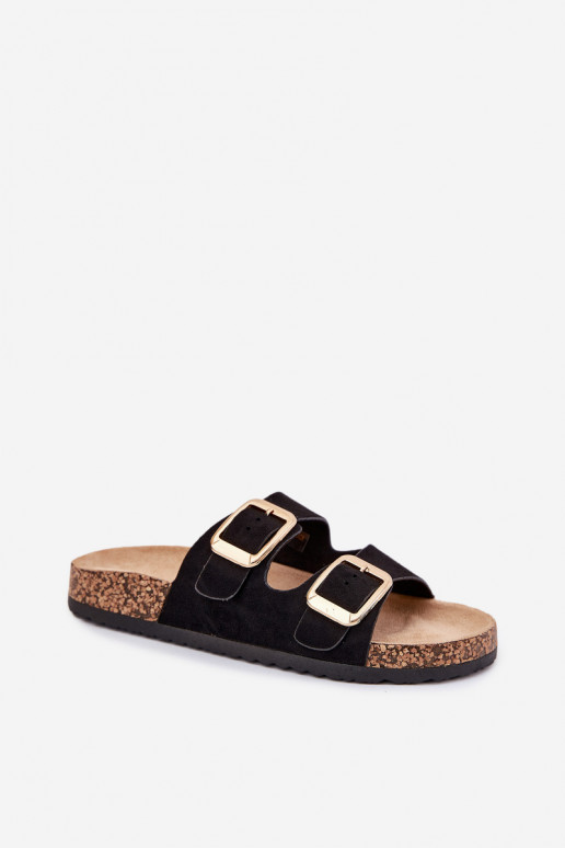 Damenhausschuheaus Öko-INildlederu goldene Farbe mit Schnallen schZuarze Farbe Vorella