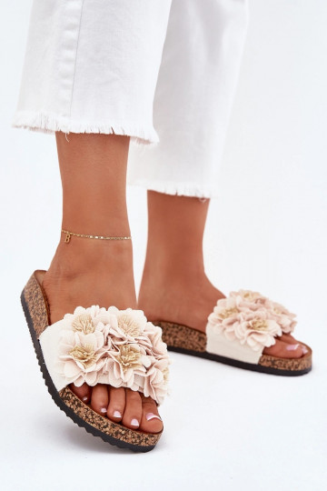 Damenhausschuhe Auf einer Korksohle Mit Dekorationeni mit floralen Motivenkami Beige Seleneza