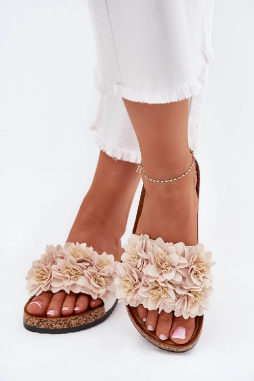 Damen sandfarbene Slipper auf Korksohle mit dekorativen Blumenmotiven Seleneza