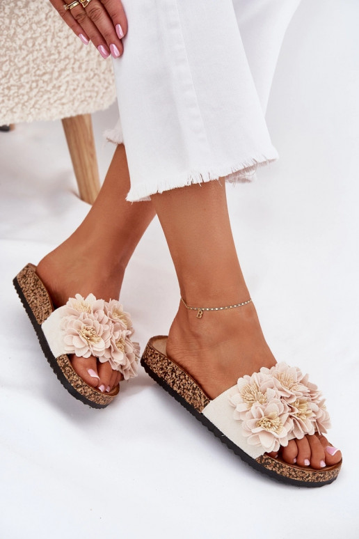 Damen sandfarbene Slipper auf Korksohle mit dekorativen Blumenmotiven Seleneza