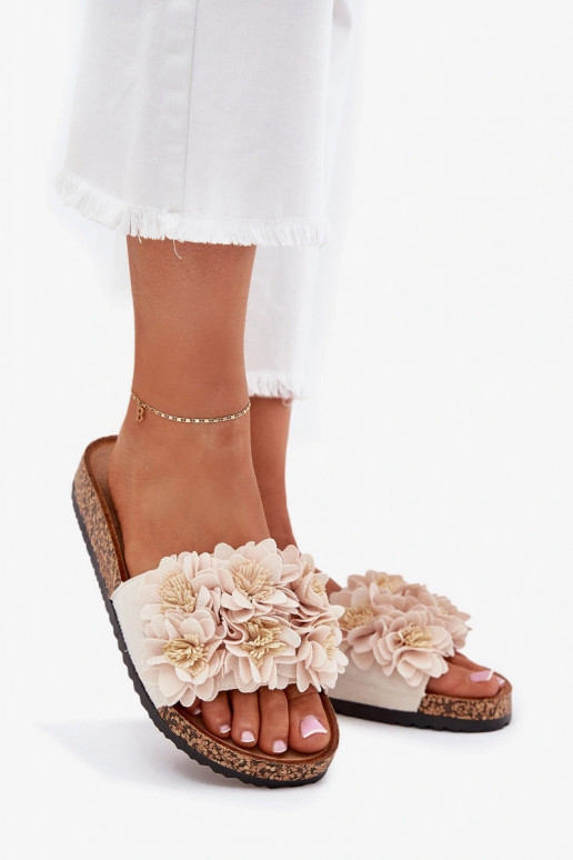 Damen sandfarbene Slipper auf Korksohle mit dekorativen Blumenmotiven Seleneza
