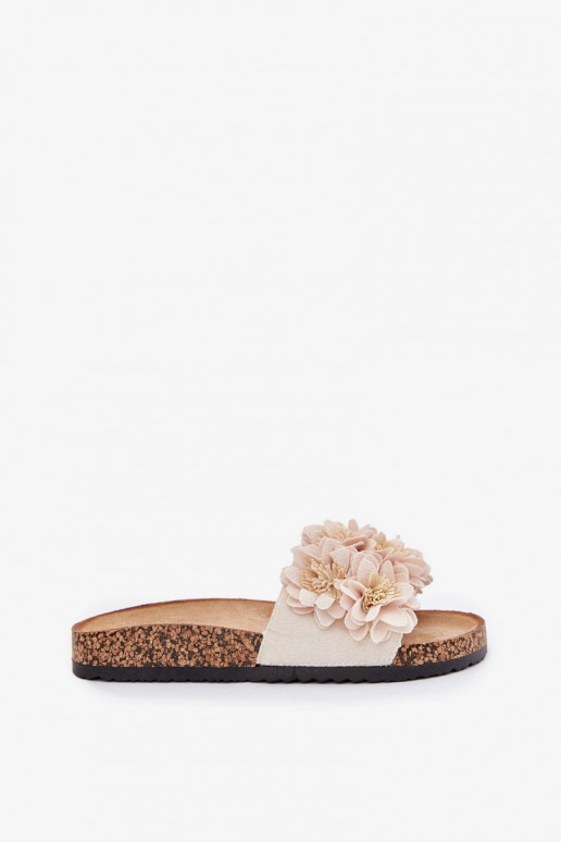 Damen sandfarbene Slipper auf Korksohle mit dekorativen Blumenmotiven Seleneza