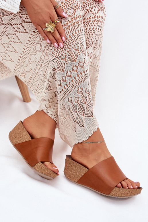 Zazoo 40291 Dames bruine leren slippers op kurken zool