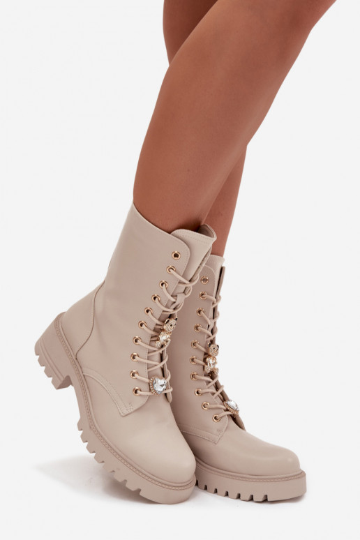 Bottines de travail couleur sable pour femmes avec ours en peluche et cœurs Iravine