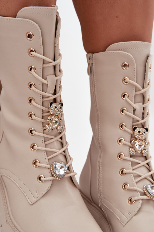 Damen sandfarbene Arbeitsstiefeletten mit Teddybären und Herzen Iravine