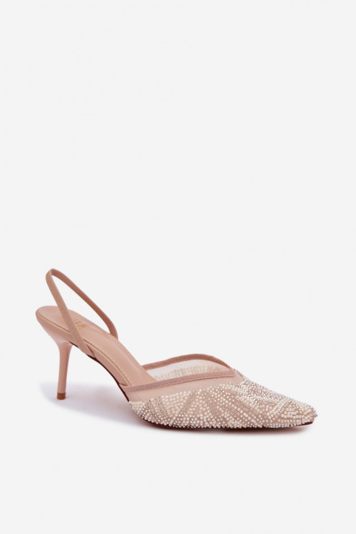 Dekorierte Sandalen mit Netz und dünnen Absätzen sandfarben Bedira