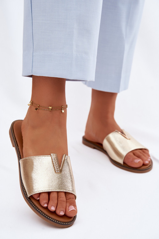 Slippers Dames plat Met sierlijk Detalem V gouden kleur Nelmira