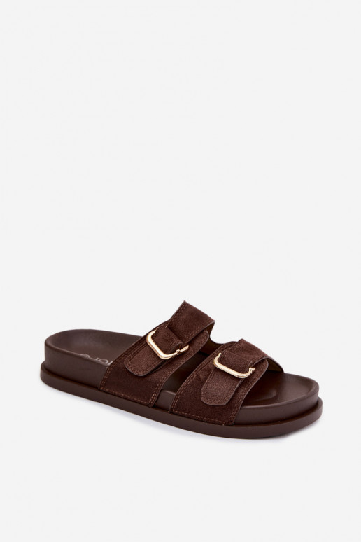 Damenhausschuhe Ze goldene Farbemi mit Schnallenmi CzekoladoZue Pelorin