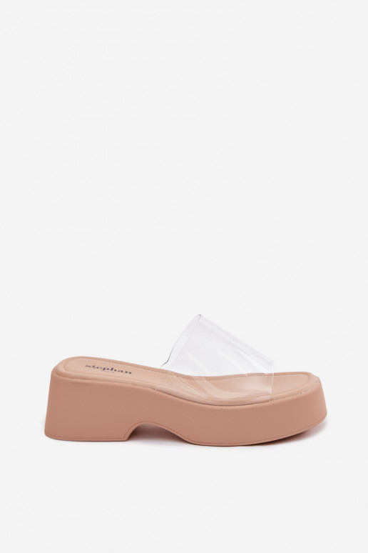 Dames zandkleurige platformslippers met doorzichtige banden Selestia