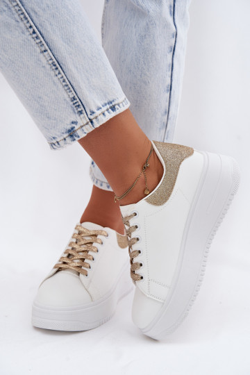 Weiße und goldene Damen-Sneaker mit Plattform und Glanz aus Kunstleder Calinae