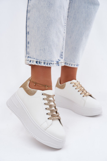Weiße und goldene Damen-Sneaker mit Plattform und Glanz aus Kunstleder Calinae 2