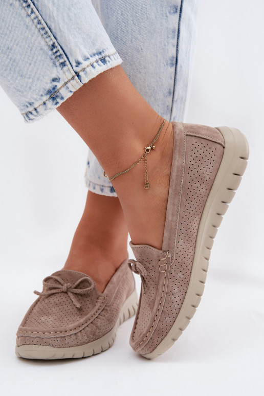 Zandkleurige faux suede dames mocassins met strikken Vinceza 95401