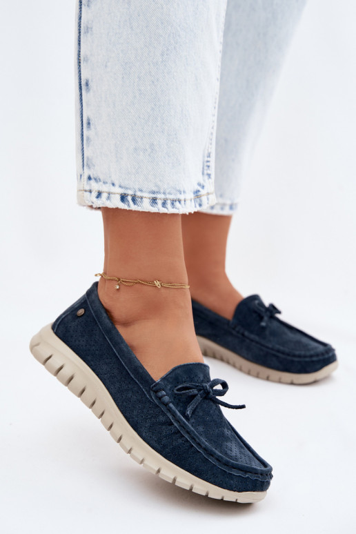 Mocassins en faux daim bleu foncé pour femmes avec nœuds Vinceza 95401