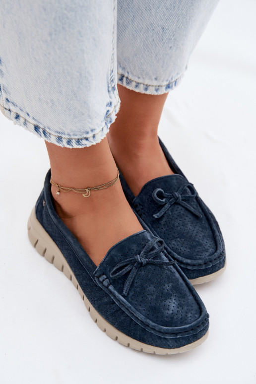 Donkerblauwe faux suede dames mocassins met strikken Vinceza 95401
