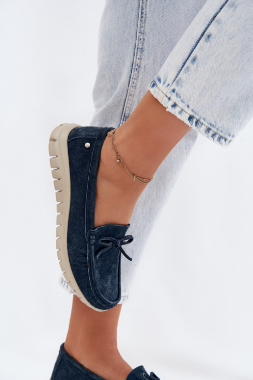 mocassins pour femmesActivéturalnego en daimu avec des rubans Vinceza 95401 bleu foncé