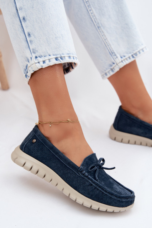 Donkerblauwe faux suede dames mocassins met strikken Vinceza 95401