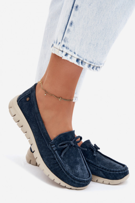 Donkerblauwe faux suede dames mocassins met strikken Vinceza 95401