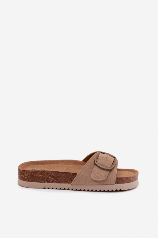 Zandkleurige nubuck dames slippers met gespen Emiline