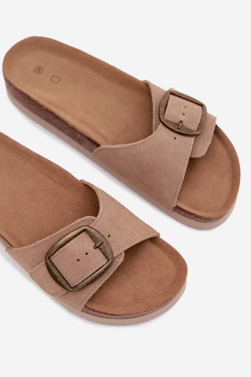Zandkleurige nubuck dames slippers met gespen Emiline