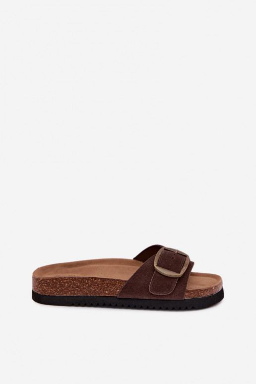 Chocoladekleurige nubuck dames slippers met gespen Emiline