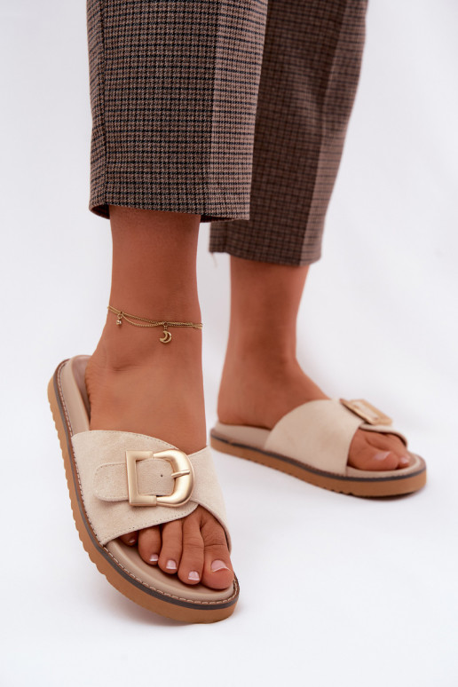 Ivory kleurige dames slippers met gouden gespen Elviane