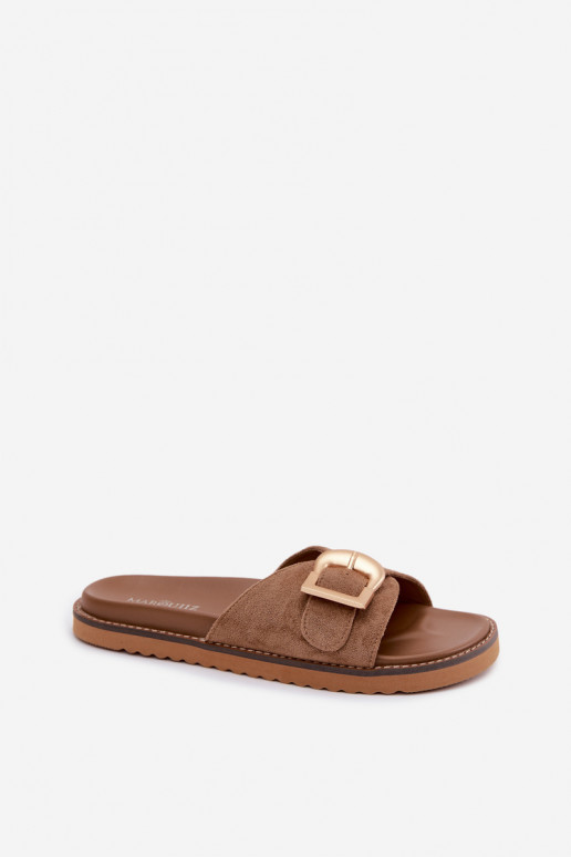 Zandkleurige dames slippers met gouden gespen Elviane