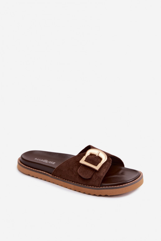 Chocoladekleurige dames slippers met gouden gespen Elviane