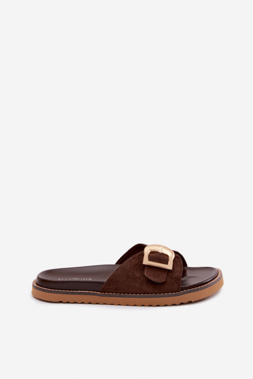 Chocoladekleurige dames slippers met gouden gespen Elviane