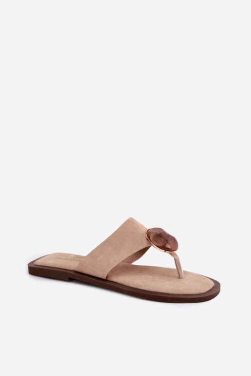 Zandkleurige platte slippers met faux suede ornamenten Selvessa