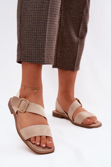 Dames sandalen met brede hakken met gouden gespen beige Verissea