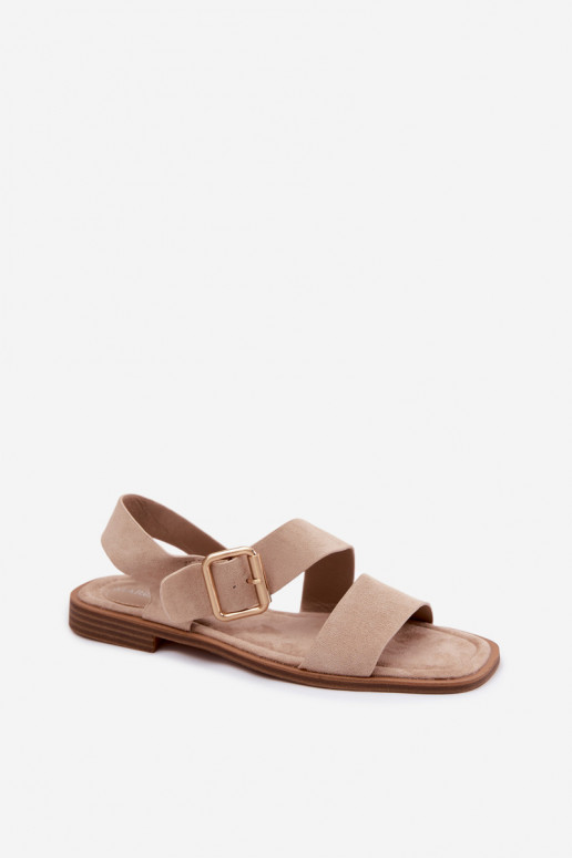 Zandkleurige dames sandalen met brede hakken en gouden gespen Verissea