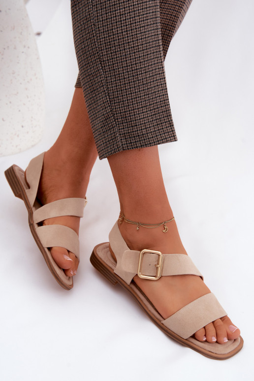 Damensandalen mit breiten Absätzen mit goldenen Schnallen Beige Verissea